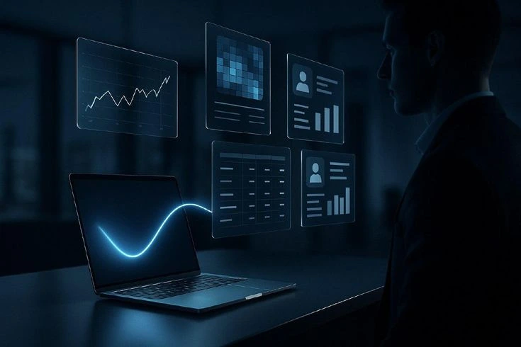 Digital marketing expert in Malappuram analyzing SEO performance, website analytics dashboards, and online marketing data on a laptop in a modern digital workspace