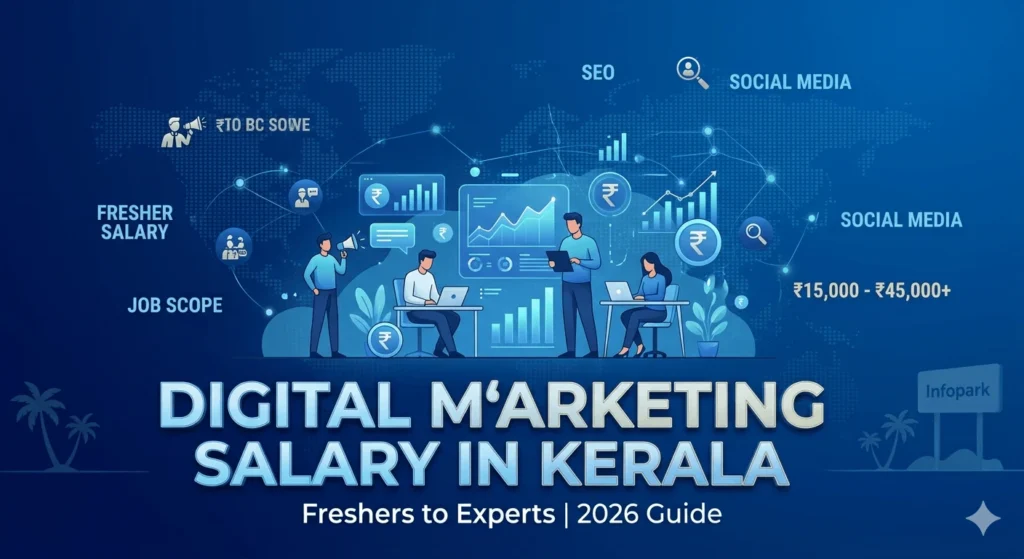Digital marketing salary in Kerala guide showing fresher salary, job scope, SEO and social media marketing career growth from ₹15,000 to ₹45,000+.