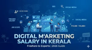 Digital marketing salary in Kerala guide showing fresher salary, job scope, SEO and social media marketing career growth from ₹15,000 to ₹45,000+.