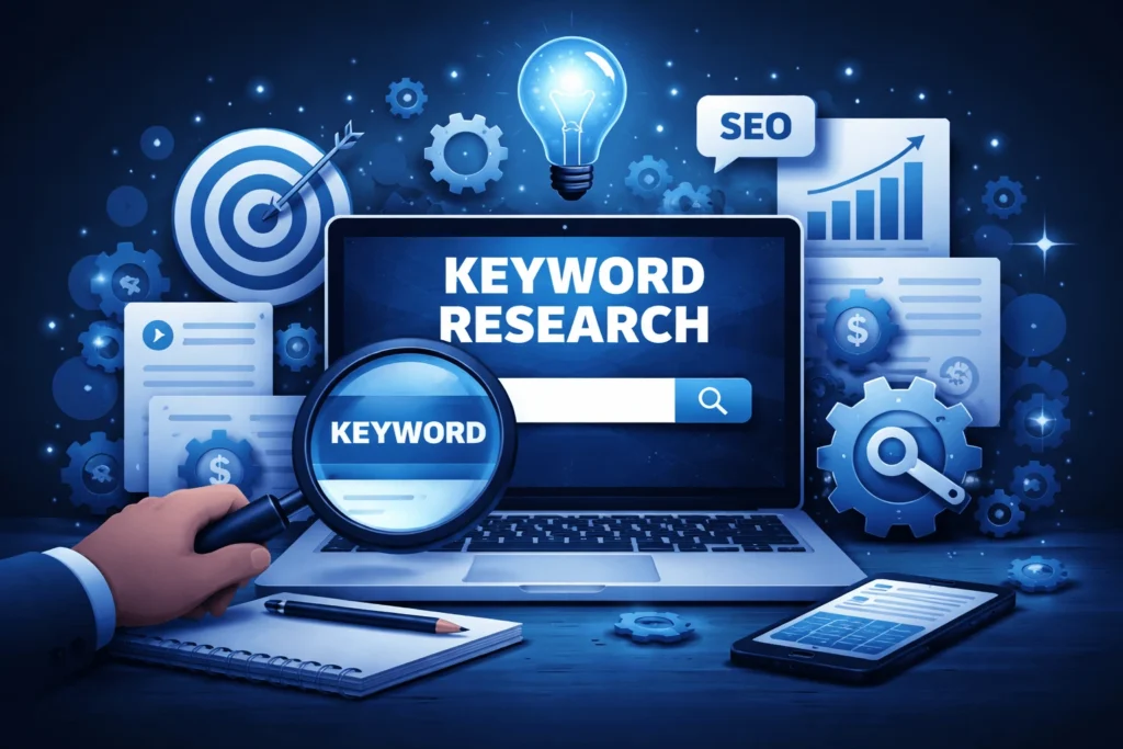 Keyword search optimization concept showing keyword research on a laptop with magnifying glass, SEO analytics charts, target icons, and digital marketing tools.