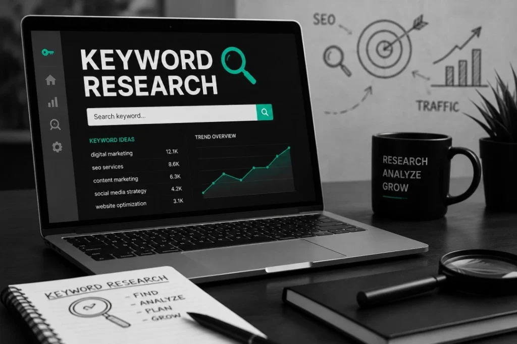 Laptop displaying a keyword research tool dashboard with SEO trends and search volume graphs next to a coffee mug.