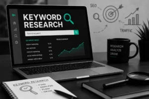 Laptop displaying a keyword research tool dashboard with SEO trends and search volume graphs next to a coffee mug.