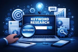 Keyword search optimization concept showing keyword research on a laptop with magnifying glass, SEO analytics charts, target icons, and digital marketing tools.