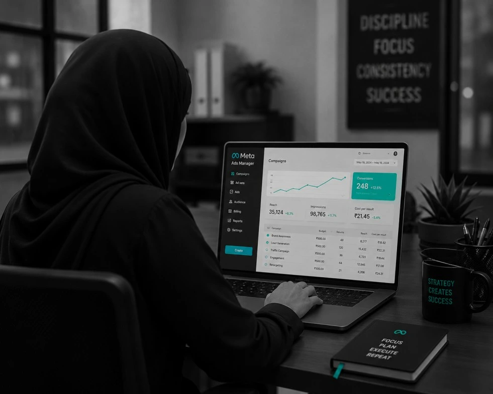Back view of a hijab-wearing digital marketing expert in Malappuram managing Meta Ads campaigns on a laptop in a modern black-and-white office with subtle #00C2A8 accents.