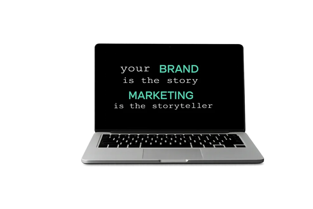 Digital marketing expert in Malappuram showcasing a laptop with the message "Your Brand is the Story, Marketing is the Storyteller" in a black and #00C2A8 theme.