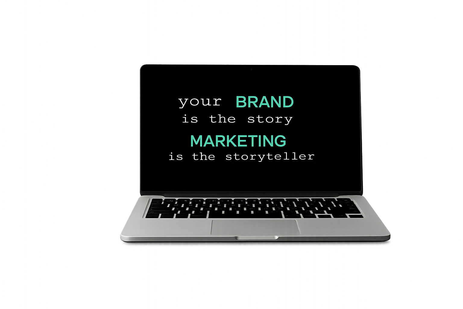 Digital marketing expert in Malappuram showcasing a laptop with the message "Your Brand is the Story, Marketing is the Storyteller" in a black and #00C2A8 theme.