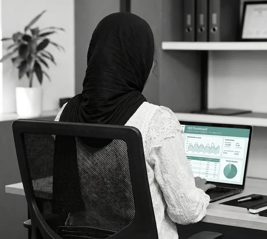 Digital marketing expert in Malappuram working on SEO analytics and online marketing strategies from a modern office.